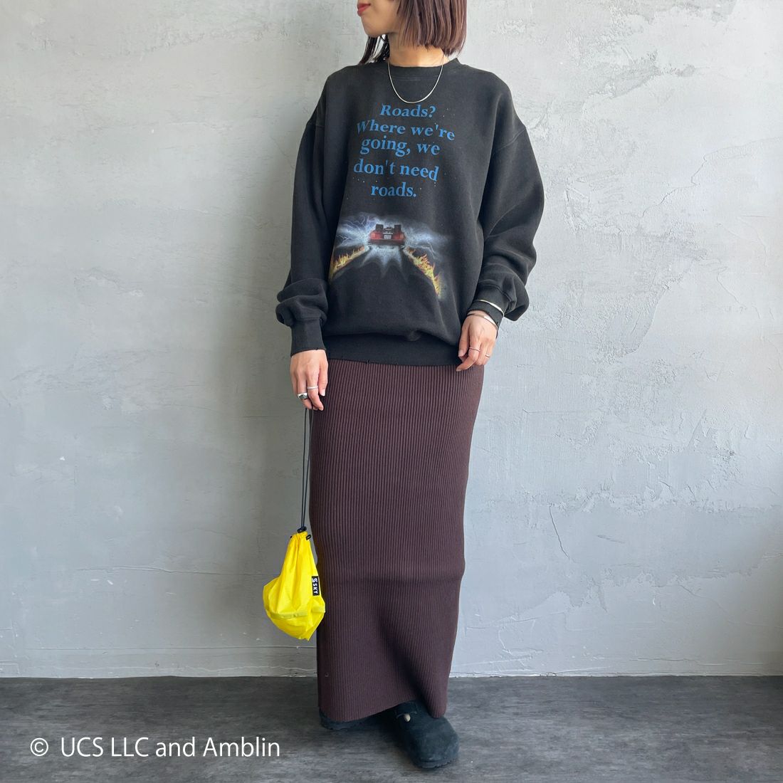 Jeans Factory Clothes [ジーンズファクトリークローズ] ムービーダメージスウェット / BACK TO THE FUTURE [JFC-254-092] BTTF &&モデル身長：158cm 着用サイズ：S&&