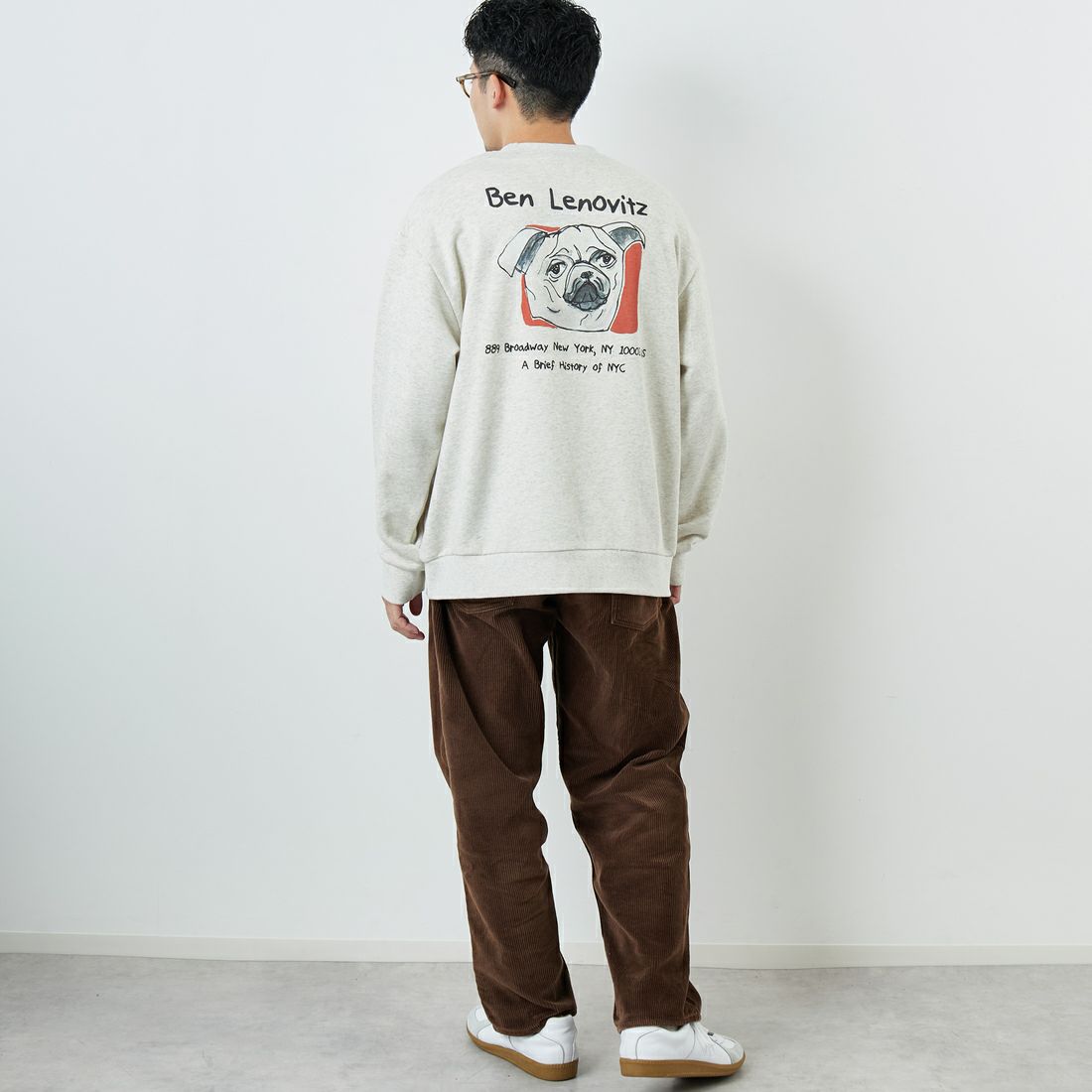 Ben Lenovitz [ベン レノビッツ] 別注 ドッグバックプリントスウェット [BL25F-001IN-JF] OATMEAL &&モデル身長：168cm 着用サイズ：L&&