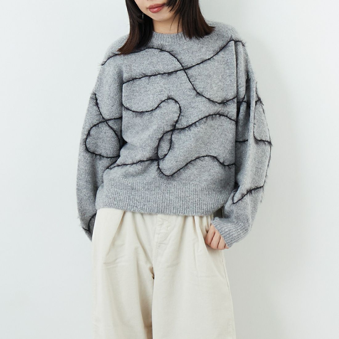 Jf Ready Made [ジェイエフレディメイド] ラインデザインニットプルオーバー [3107207] 839 ｸﾞﾚｰ &&モデル身長：162cm 着用サイズ：F&&