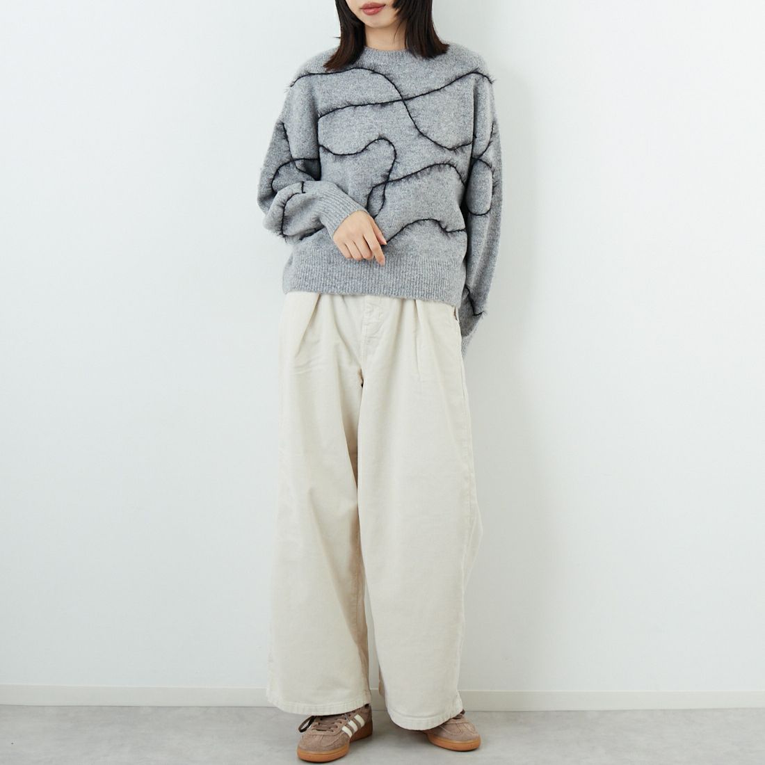 Jf Ready Made [ジェイエフレディメイド] ラインデザインニットプルオーバー [3107207] 839 ｸﾞﾚｰ &&モデル身長：162cm 着用サイズ：F&&