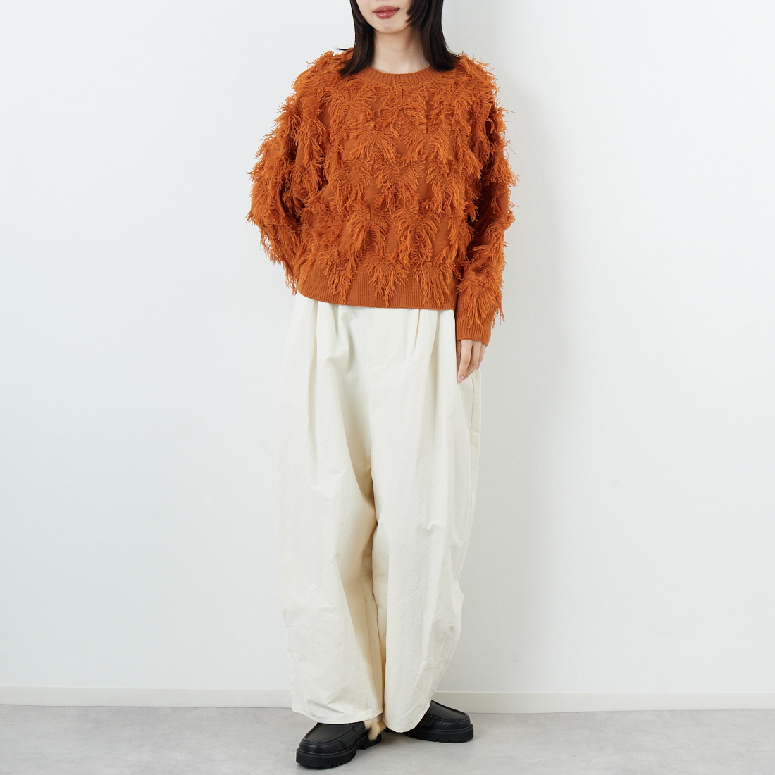 Jf Ready Made [ジェイエフレディメイド] フリンジ編みニットプルオーバー [3107205] 204 Dｵﾚﾝｼﾞ &&モデル身長：162cm 着用サイズ：F&&