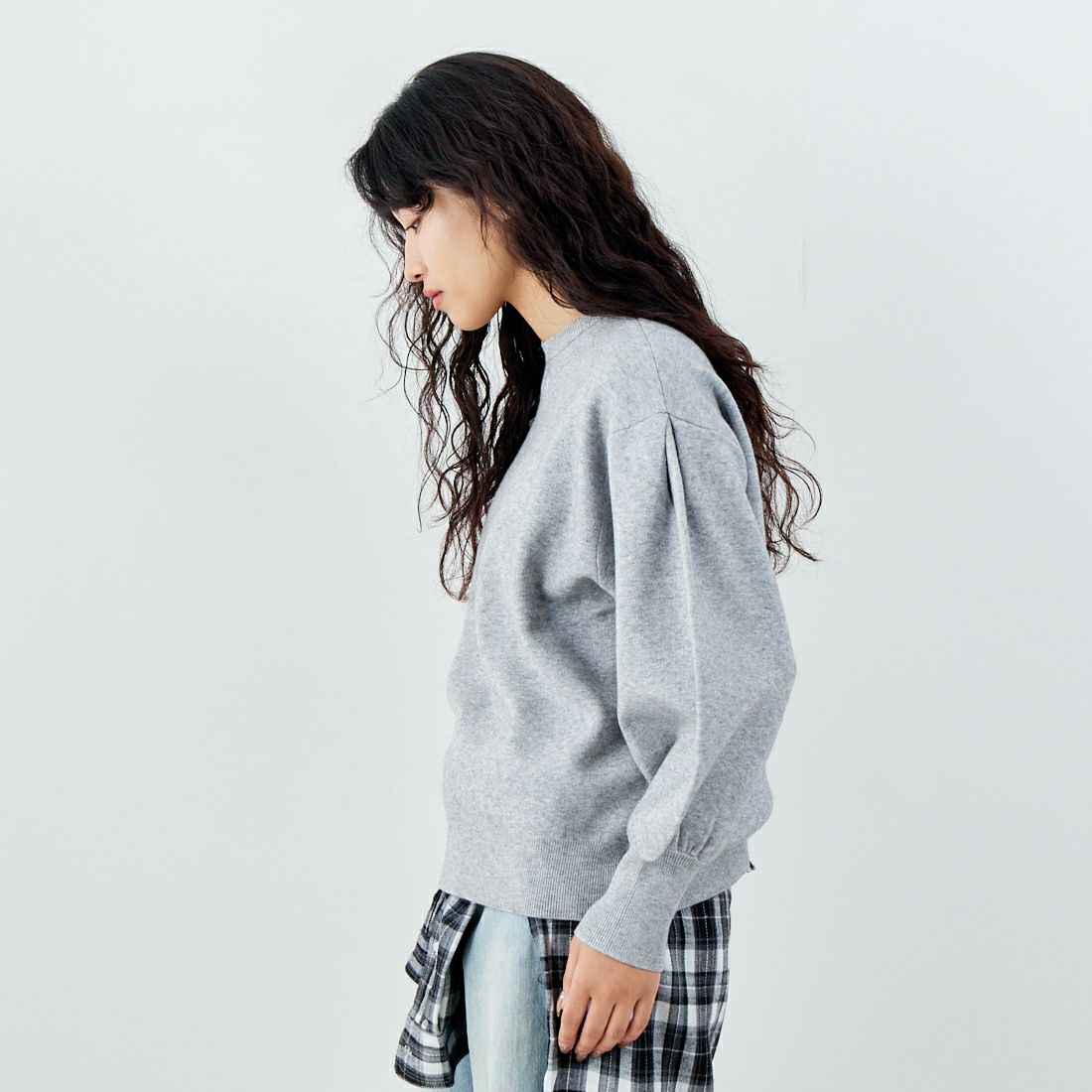 Jf Ready Made [ジェイエフレディメイド] スウェットデザイン総針ニットプルオーバー [3107201] 821 ﾓｸｸﾞﾚｰ &&モデル身長：162cm 着用サイズ：F&&