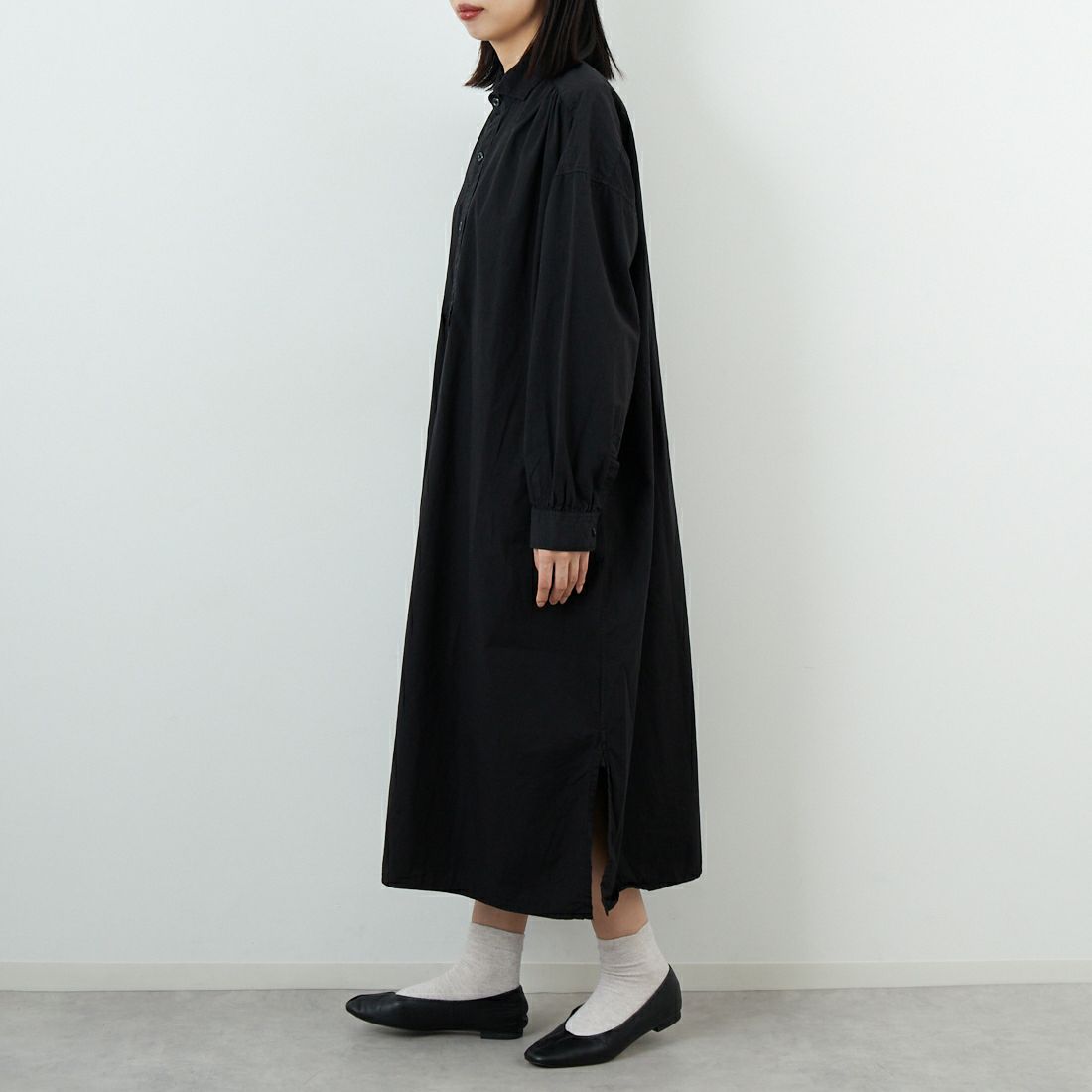 ARMEN [アーメン] ポプリンワークギャザーシャツドレス [INAM2555PD] 9900 BLACK &&モデル身長：162cm 着用サイズ：2&&