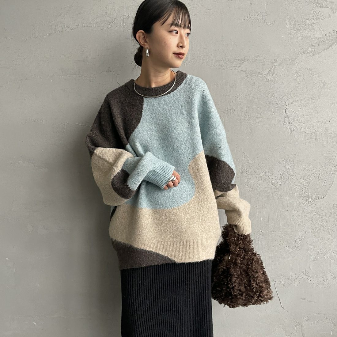 Maison de L'allure [メゾン ドゥ ラリュール] シャギージャガードニット [M25131040] 28 BROWN &&モデル身長：150cm 着用サイズ：F&&