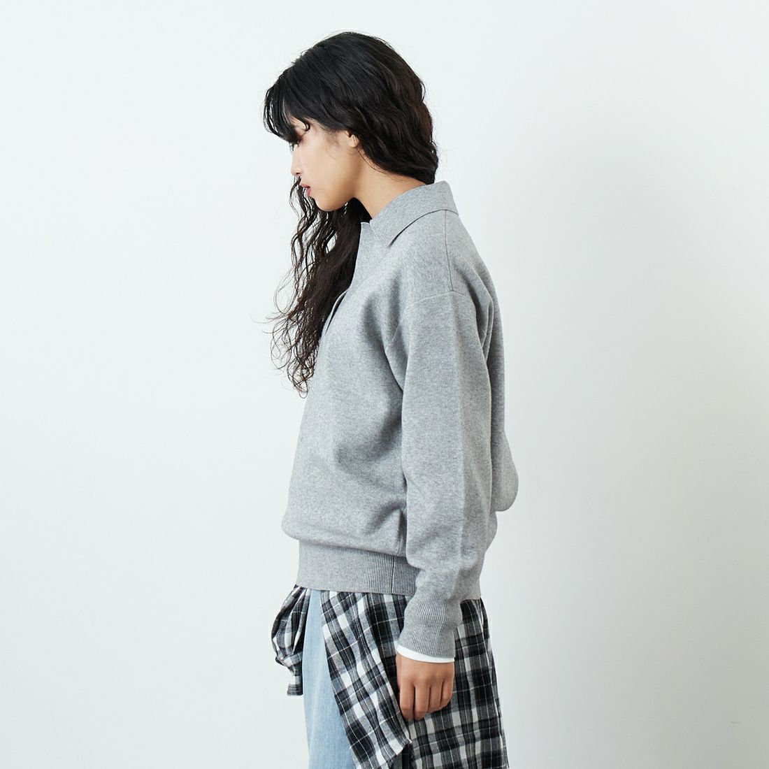 Jf Ready Made [ジェイエフレディメイド] 総針ニット襟付きプルオーバー [3107202] 821 ﾓｸｸﾞﾚｰ &&モデル身長：162cm 着用サイズ：F&&