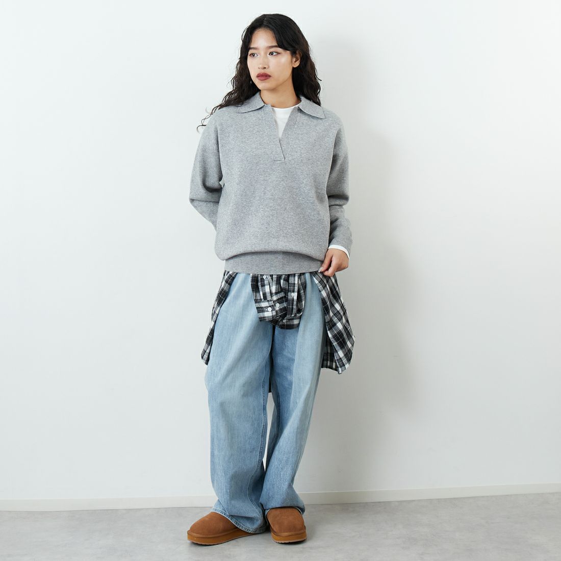 Jf Ready Made [ジェイエフレディメイド] 総針ニット襟付きプルオーバー [3107202] 821 ﾓｸｸﾞﾚｰ &&モデル身長：162cm 着用サイズ：F&&