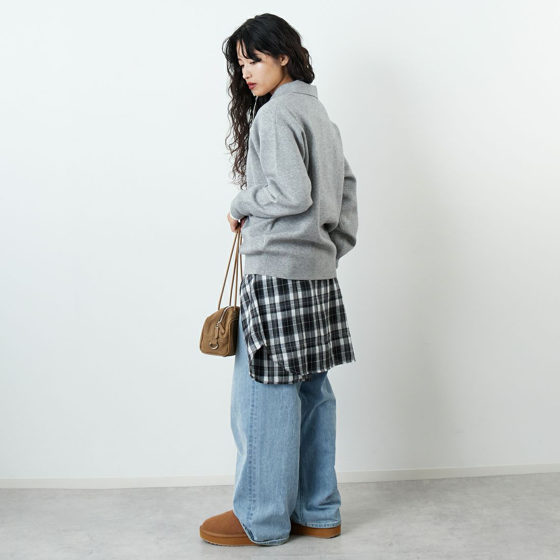 Jf Ready Made [ジェイエフレディメイド] 総針ニット襟付きプルオーバー [3107202] 821 ﾓｸｸﾞﾚｰ &&モデル身長：162cm 着用サイズ：F&&