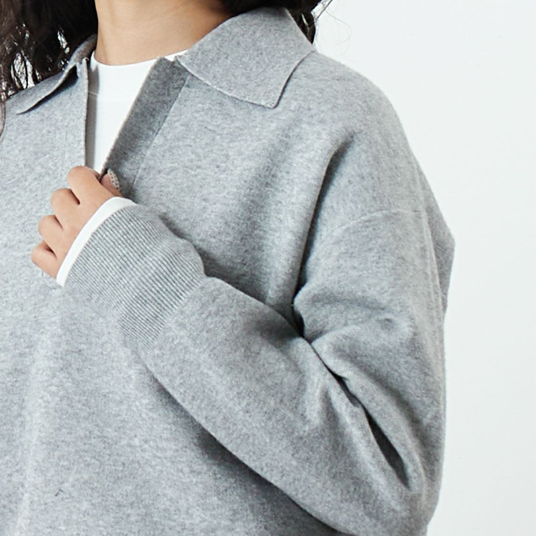 Jf Ready Made [ジェイエフレディメイド] 総針ニット襟付きプルオーバー [3107202] 821 ﾓｸｸﾞﾚｰ &&モデル身長：162cm 着用サイズ：F&&