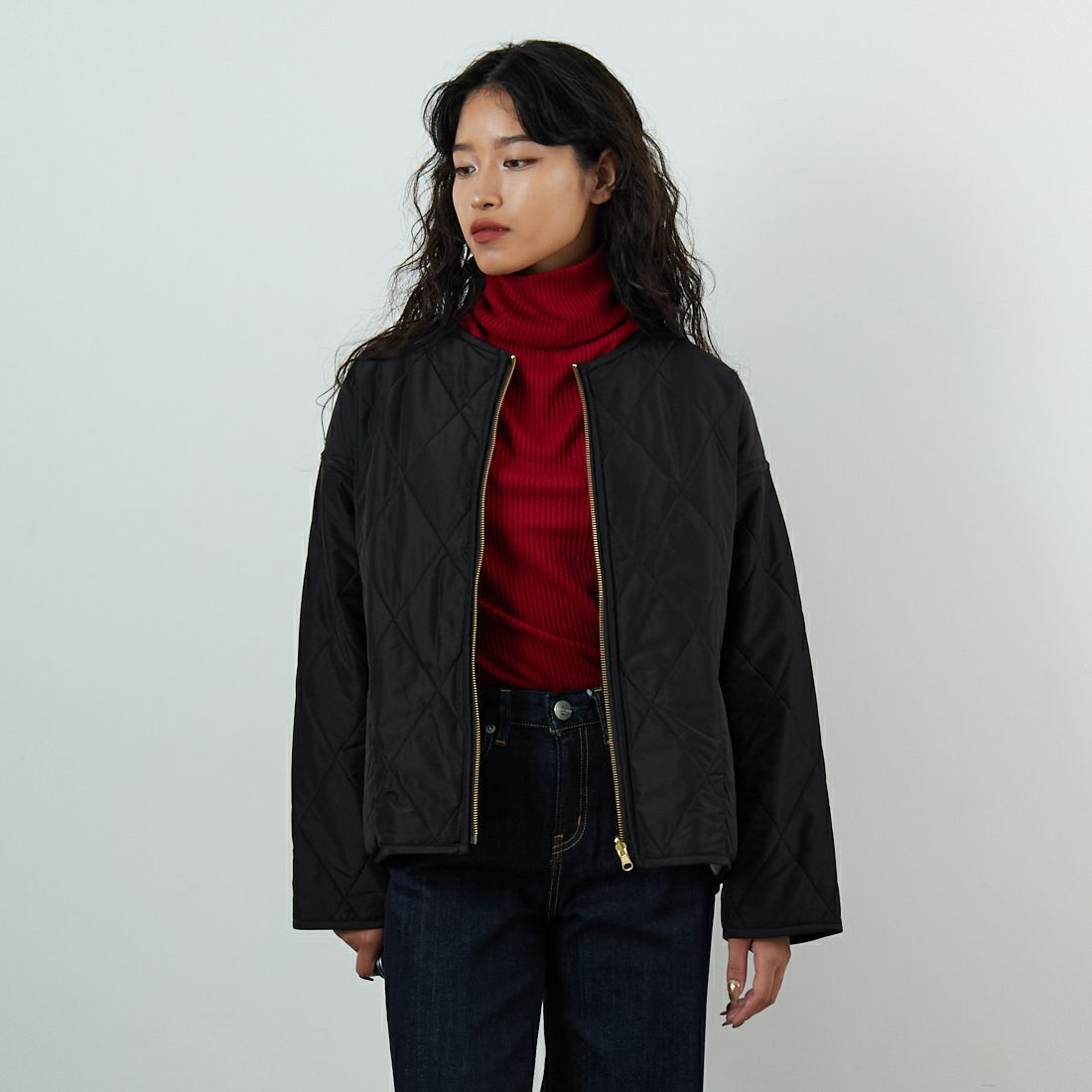 Jf Ready Made [ジェイエフレディメイド] パネトレーションファーキルトリバーシブルジャケット [8559204-01] 13 ﾁｬｺｰﾙ &&モデル身長：162cm 着用サイズ：F&&