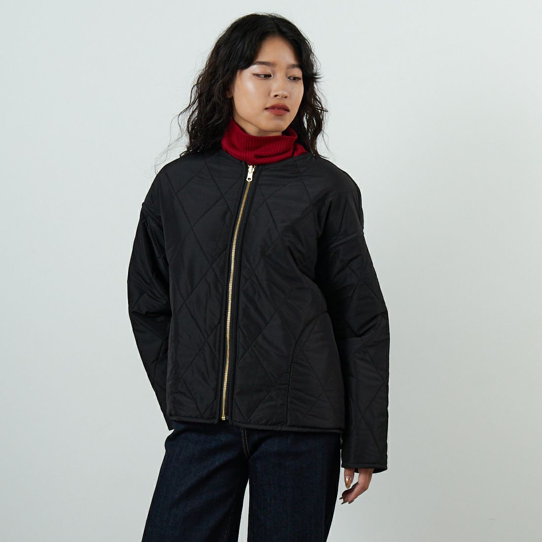 Jf Ready Made [ジェイエフレディメイド] パネトレーションファーキルトリバーシブルジャケット [8559204-01] 13 ﾁｬｺｰﾙ &&モデル身長：162cm 着用サイズ：F&&