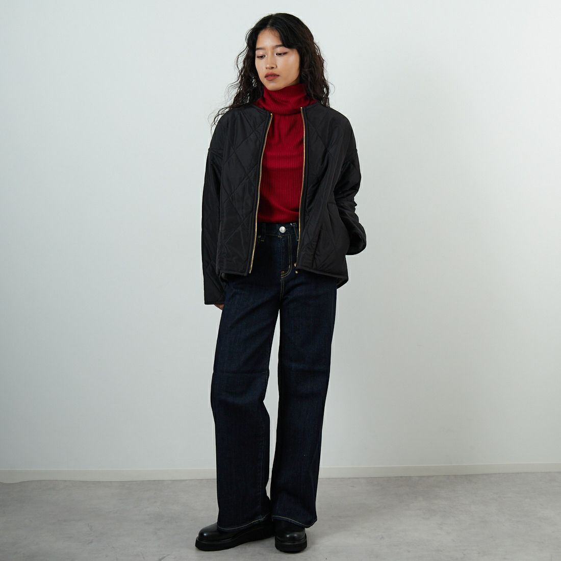 Jf Ready Made [ジェイエフレディメイド] パネトレーションファーキルトリバーシブルジャケット [8559204-01] 13 ﾁｬｺｰﾙ &&モデル身長：162cm 着用サイズ：F&&