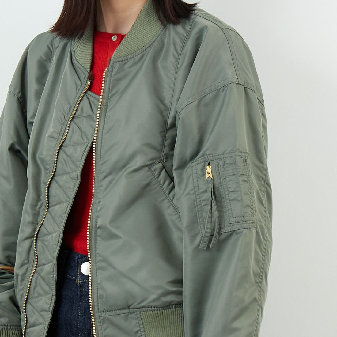 KHA:KI [カーキ] ワイドスクエアMA-1ジャケット [MIL25FJK3240] OLIVE &&モデル身長：162cm 着用サイズ：1&&