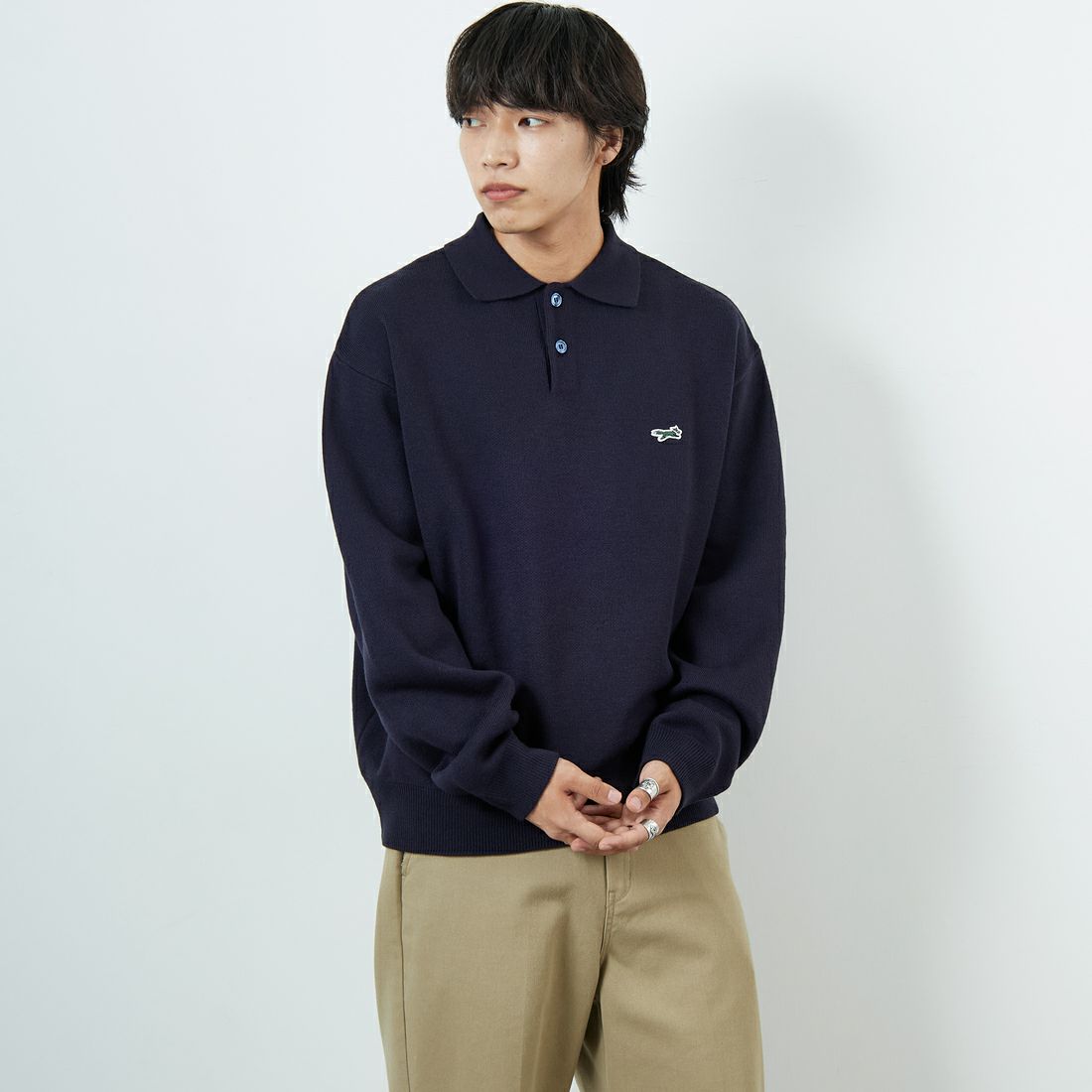 THE FOX [ザフォックス] 別注 ポロカラーニット [JFL25AW-04-JF] NAVY &&モデル身長：179cm 着用サイズ：L&&