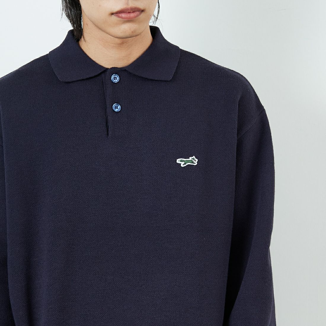 THE FOX [ザフォックス] 別注 ポロカラーニット [JFL25AW-04-JF] NAVY &&モデル身長：179cm 着用サイズ：L&&