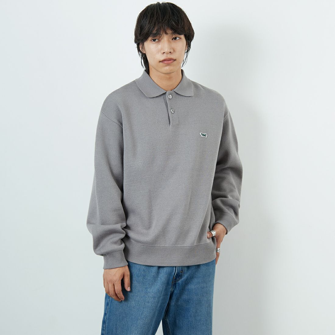 THE FOX [ザフォックス] 別注 ポロカラーニット [JFL25AW-04-JF] GRAY &&モデル身長：179cm 着用サイズ：M&&