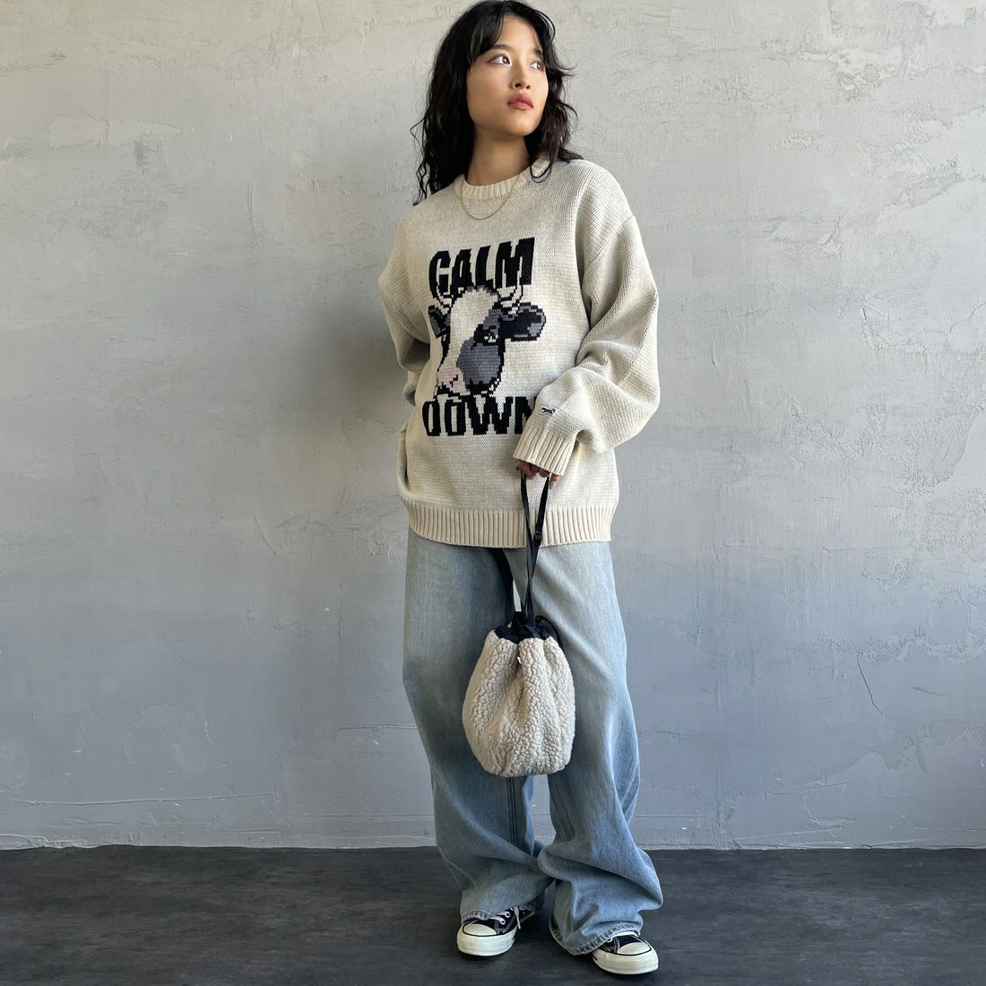 THE FOX [ザフォックス] 別注 アニマル柄クルーネックジャガードニット [JFL25AW-09-JF] NATURAL &&モデル身長：162cm 着用サイズ：S&&