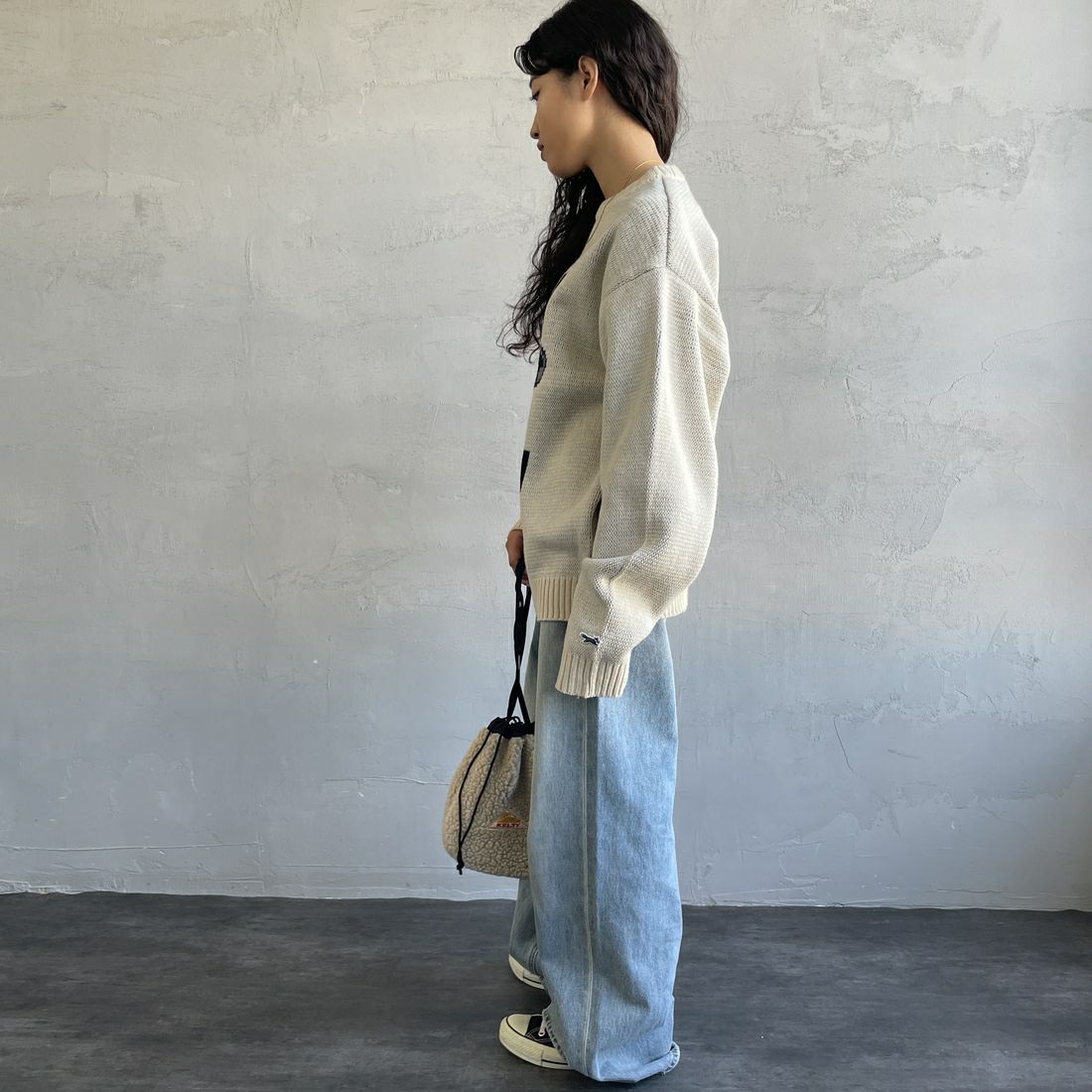 THE FOX [ザフォックス] 別注 アニマル柄クルーネックジャガードニット [JFL25AW-09-JF] NATURAL &&モデル身長：162cm 着用サイズ：S&&