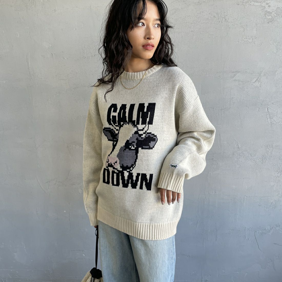 THE FOX [ザフォックス] 別注 アニマル柄クルーネックジャガードニット [JFL25AW-09-JF] NATURAL &&モデル身長：162cm 着用サイズ：S&&