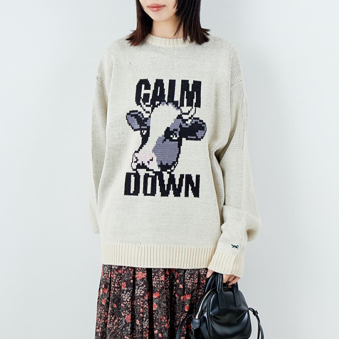 THE FOX [ザフォックス] 別注 アニマル柄クルーネックジャガードニット [JFL25AW-09-JF] NATURAL &&モデル身長：162cm 着用サイズ：S&&