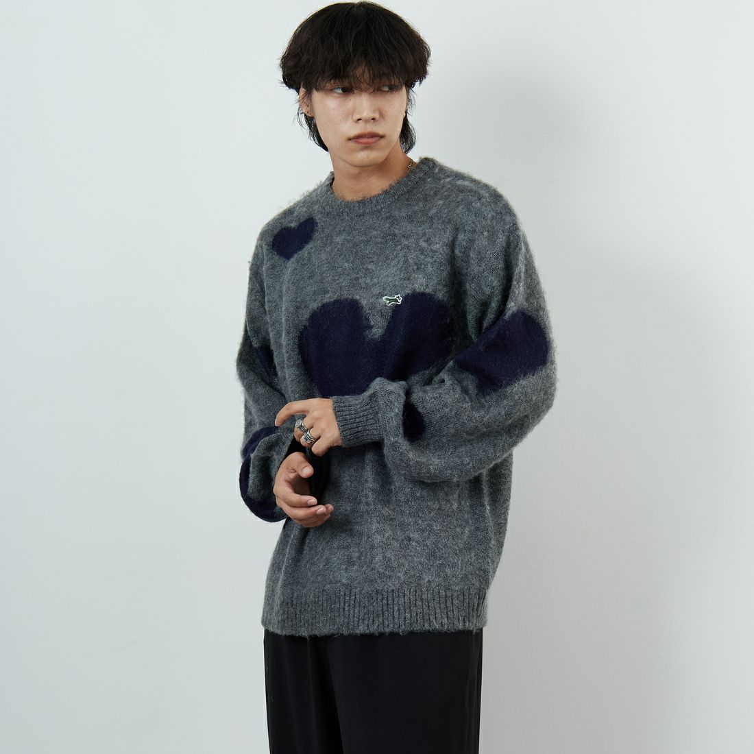 THE FOX [ザフォックス] 別注 ジャギークルーネックニット [JFL25AW-06-JF] GRY ﾊｰﾄ &&モデル身長：179cm 着用サイズ：L&&