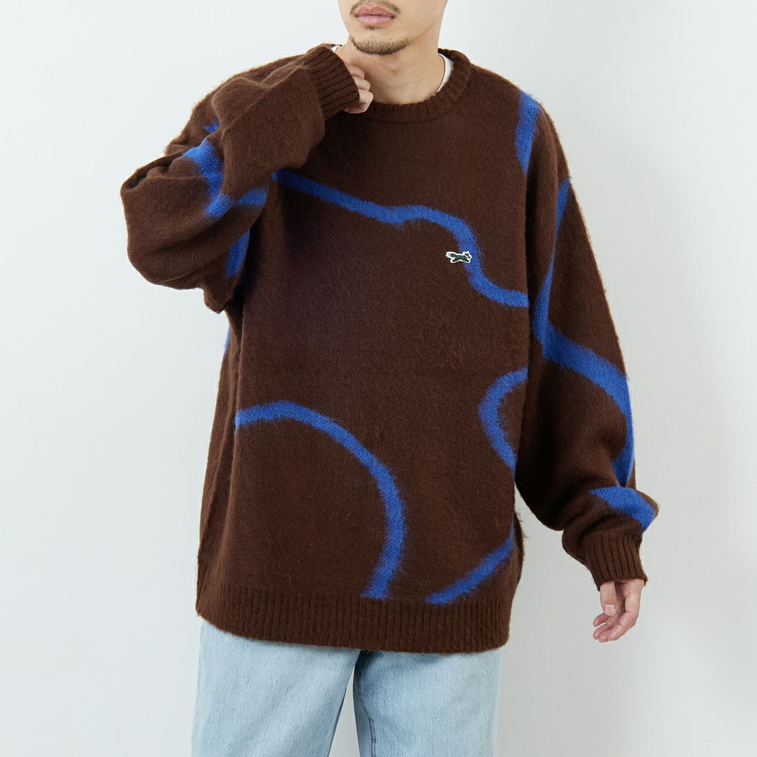THE FOX [ザフォックス] 別注 ジャギークルーネックニット [JFL25AW-06-JF] BRN ﾗｲﾝ &&モデル身長：168cm 着用サイズ：L&&