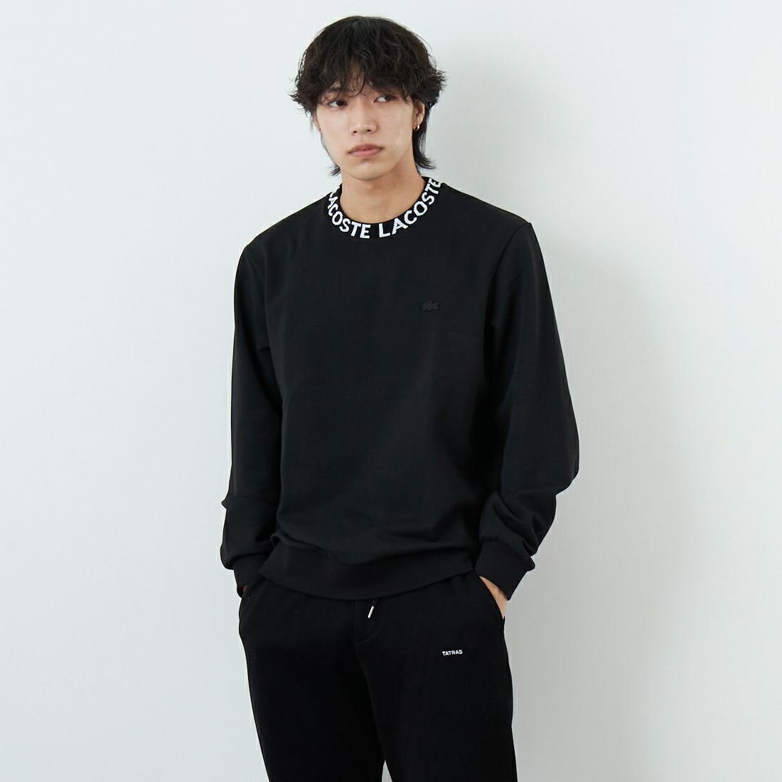 LACOSTE [ラコステ] ジャカードネックモックネックスウェット [SH9542] 031 BLACK &&モデル身長：179cm 着用サイズ：5&&