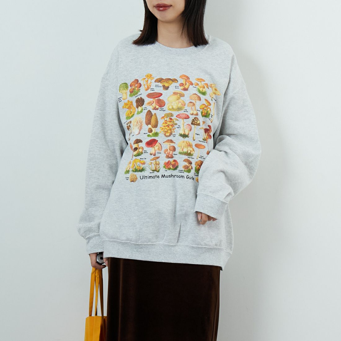 Atalas Screen Printing [アトラス スクリーン プリンティング] アルティメットマッシュルームガイドスウェット [MUSHROOM-GIDE] ASH &&モデル身長：162cm 着用サイズ：L&&