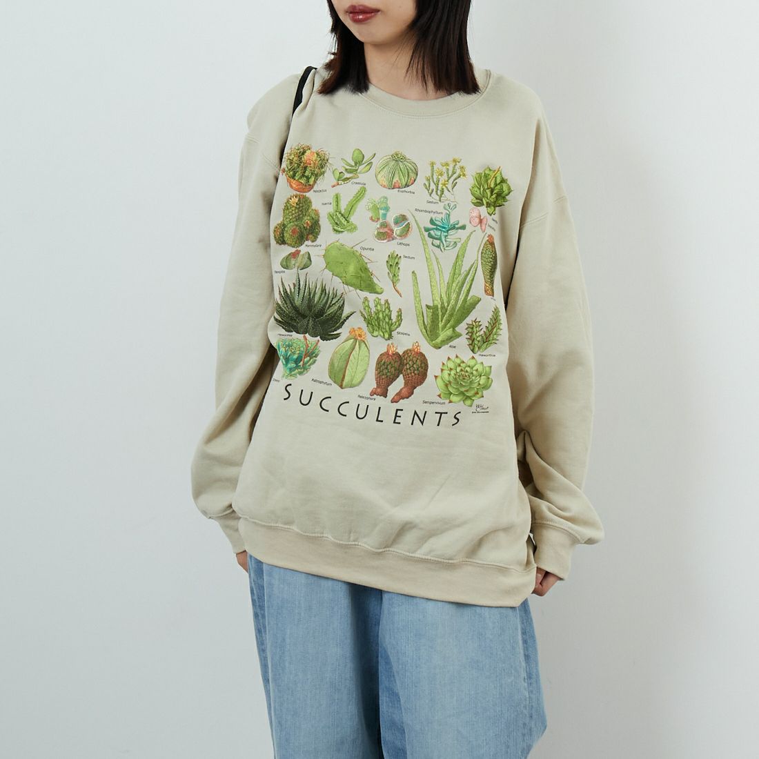 Atalas Screen Printing [アトラス スクリーン プリンティング] サキュレントプリントスウェット [SUCCULENTS] SAND &&モデル身長：162cm 着用サイズ：L&&