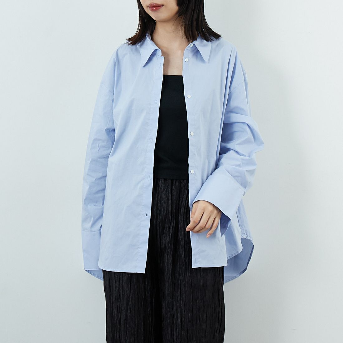 CHIGNON [シニヨン] 2WAYプリントシャツ [1555-219KK] SAX &&モデル身長：162cm 着用サイズ：F&&