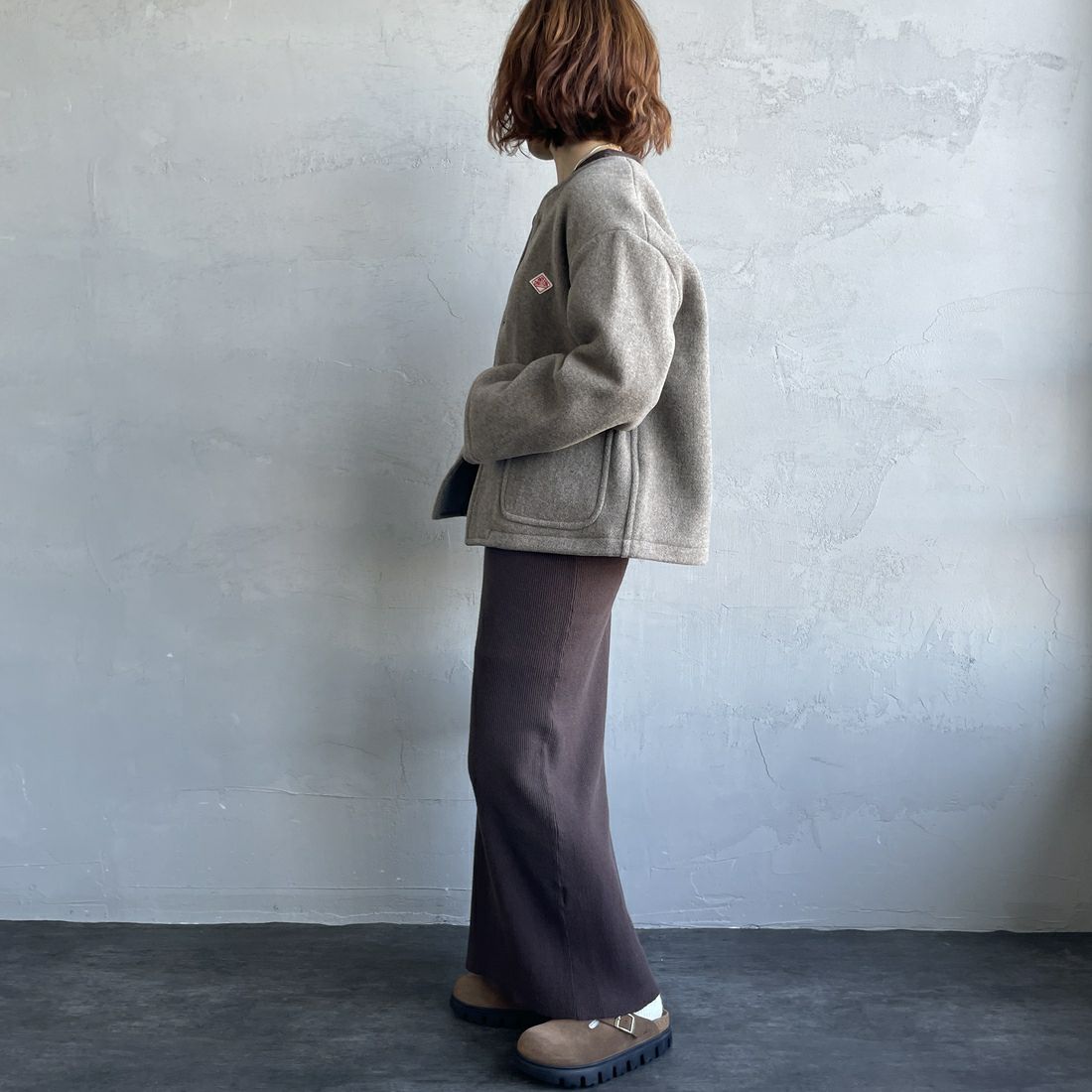 DANTON [ダントン] ウールライトパイルノーカラージャケット [DT-A0013WLP]H.BEIGE &&モデル身長：158cm 着用サイズ：36&&