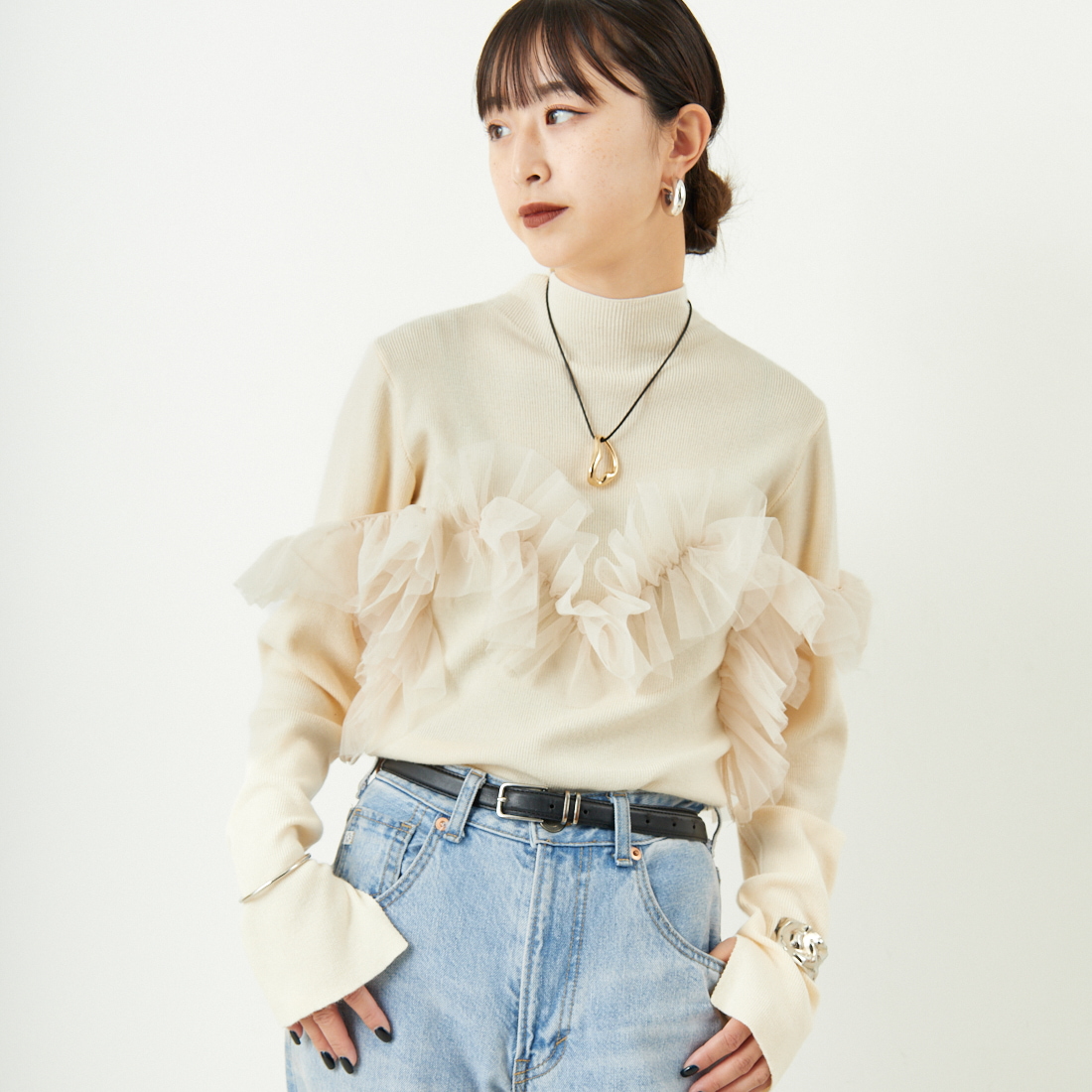 nenom [ネノム] マルチWAY チュールドッキングニットプルオーバー [NE25131042] 02 OFF &&モデル身長：150cm 着用サイズ：F&&