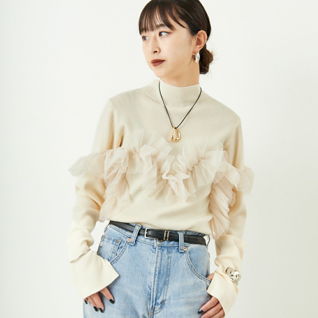 nenom [ネノム] マルチWAY チュールドッキングニットプルオーバー [NE25131042] 02 OFF &&モデル身長：150cm 着用サイズ：F&&