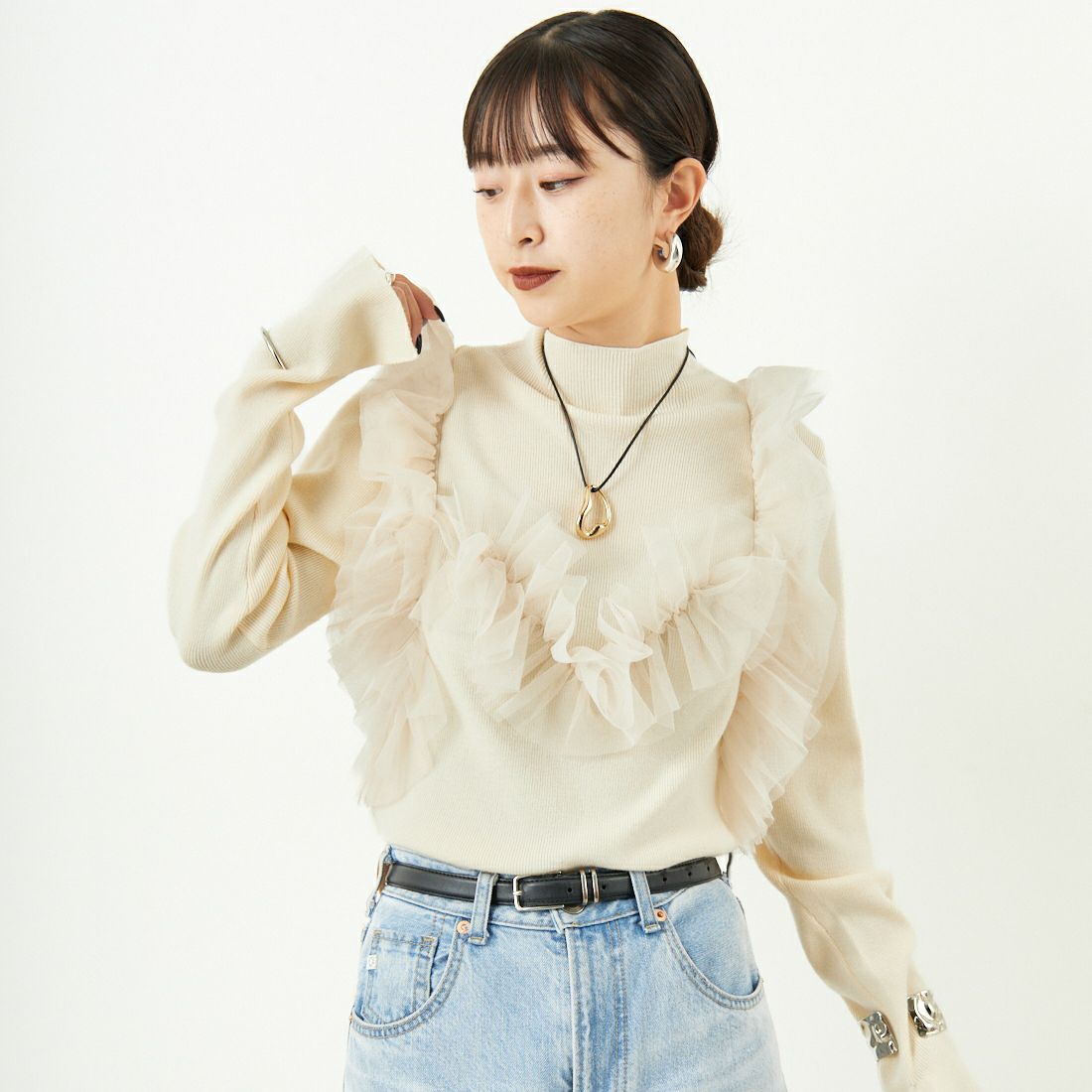 nenom [ネノム] マルチWAY チュールドッキングニットプルオーバー [NE25131042] 02 OFF &&モデル身長：150cm 着用サイズ：F&&