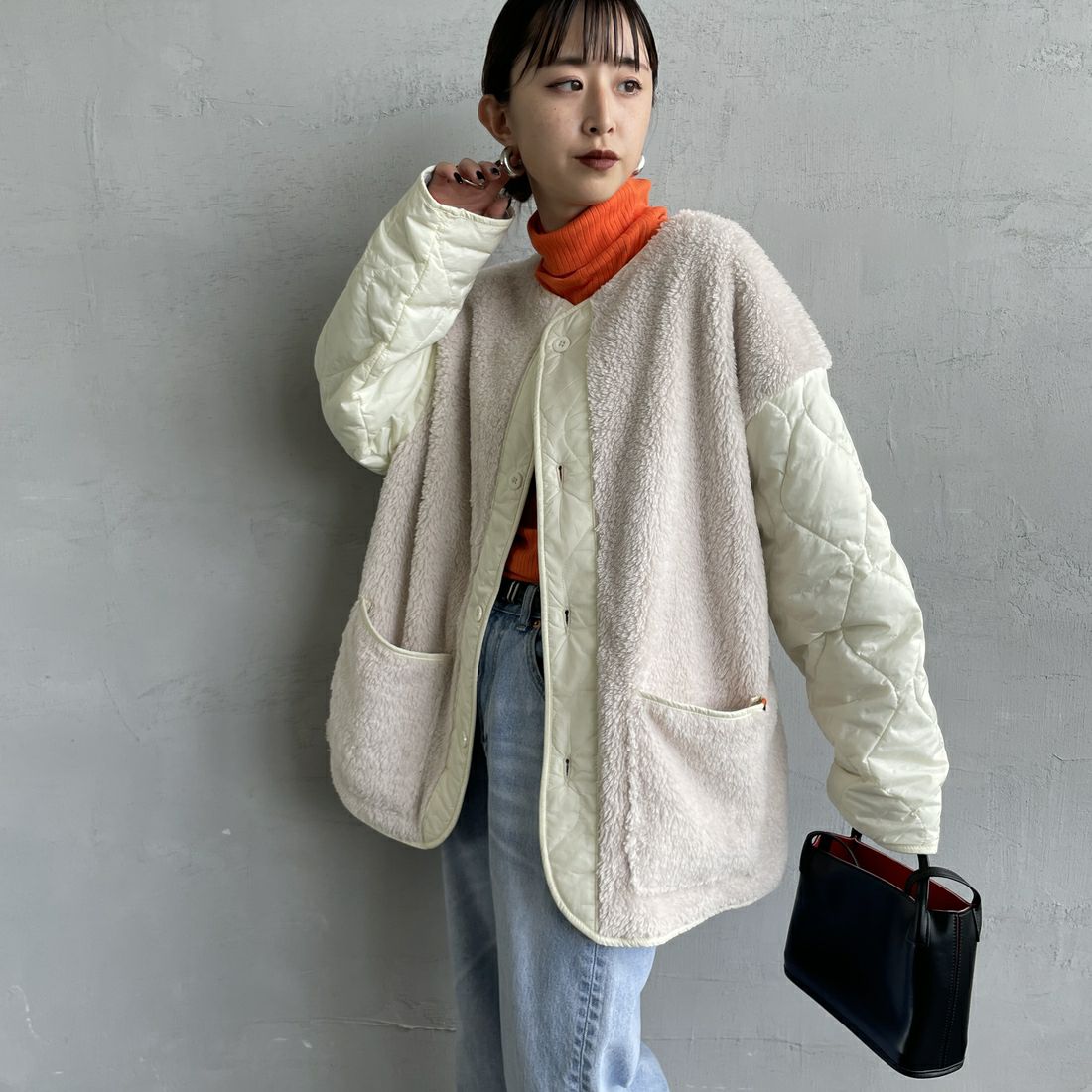 UNIVERSAL OVERALL [ユニバーサルオーバーオール] 別注 ボア切替 キルティングジャケット [U2532451IN-JF] IVORY &&モデル身長：150cm 着用サイズ：F&&