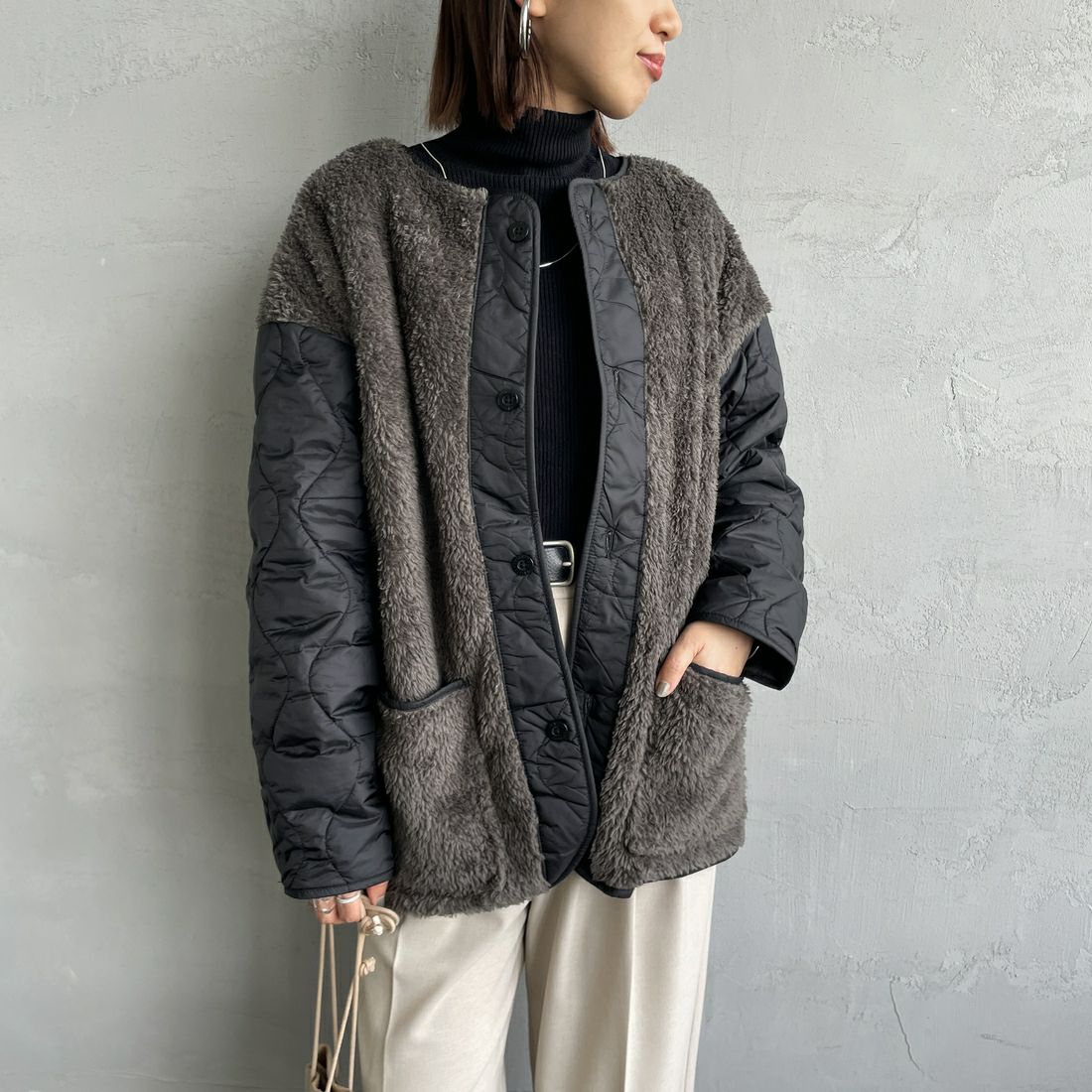 UNIVERSAL OVERALL [ユニバーサルオーバーオール] 別注 ボア切替 キルティングジャケット [U2532451IN-JF] BLACK &&モデル身長：159cm 着用サイズ：F&&