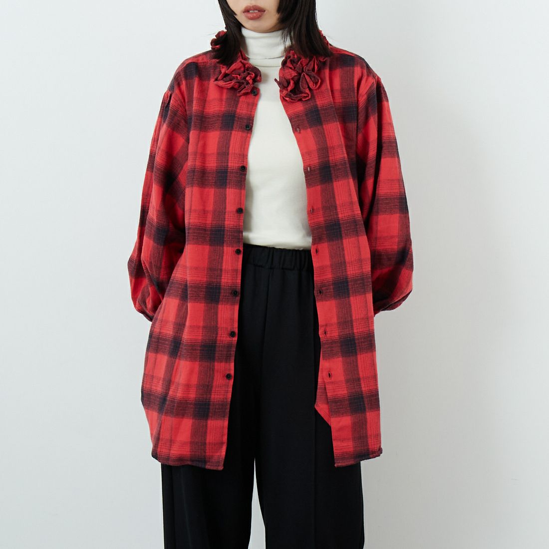 crinkle crinkle crinkle [クリンクル クリンクル クリンクル] ネルチェックフリルカラーシャツ [CC-4026] RED &&モデル身長：162cm 着用サイズ：F&&