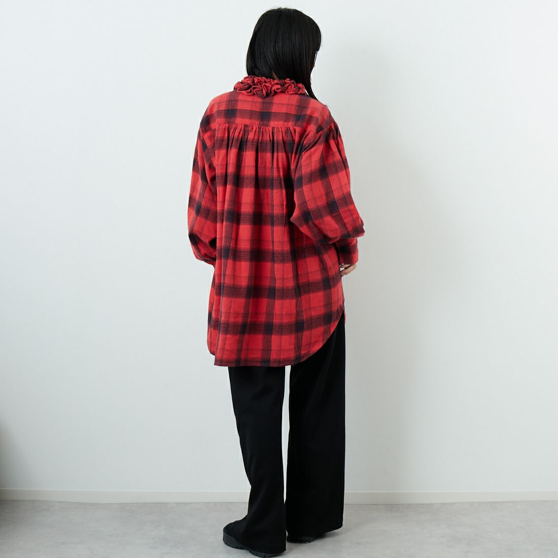 crinkle crinkle crinkle [クリンクル クリンクル クリンクル] ネルチェックフリルカラーシャツ [CC-4026] RED &&モデル身長：162cm 着用サイズ：F&&