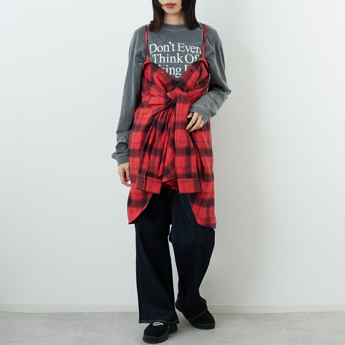 crinkle crinkle crinkle [クリンクル クリンクル クリンクル] ネルチェックシャツビスチェ [CC-4024] RED &&モデル身長：162cm 着用サイズ：F&&