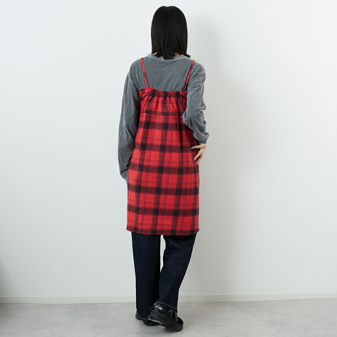 crinkle crinkle crinkle [クリンクル クリンクル クリンクル] ネルチェックシャツビスチェ [CC-4024] RED &&モデル身長：162cm 着用サイズ：F&&