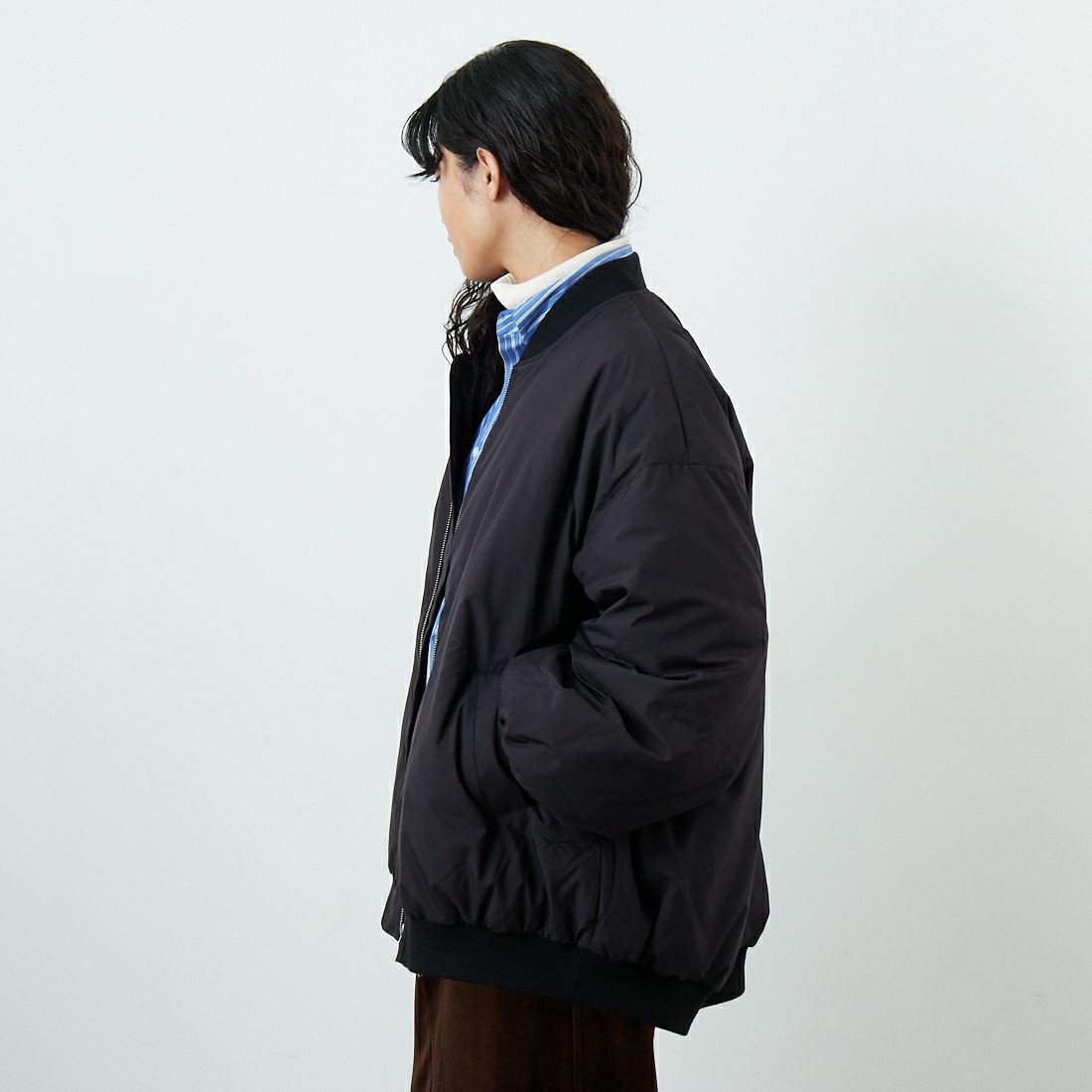 mizuiro ind [ミズイロインド] ワイドジップダウンブルゾン [3-270063] 99 BLACK &&モデル身長：162cm 着用サイズ：F&&