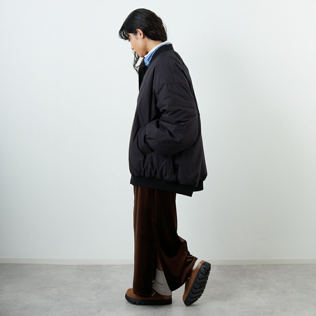 mizuiro ind [ミズイロインド] ワイドジップダウンブルゾン [3-270063] 99 BLACK &&モデル身長：162cm 着用サイズ：F&&