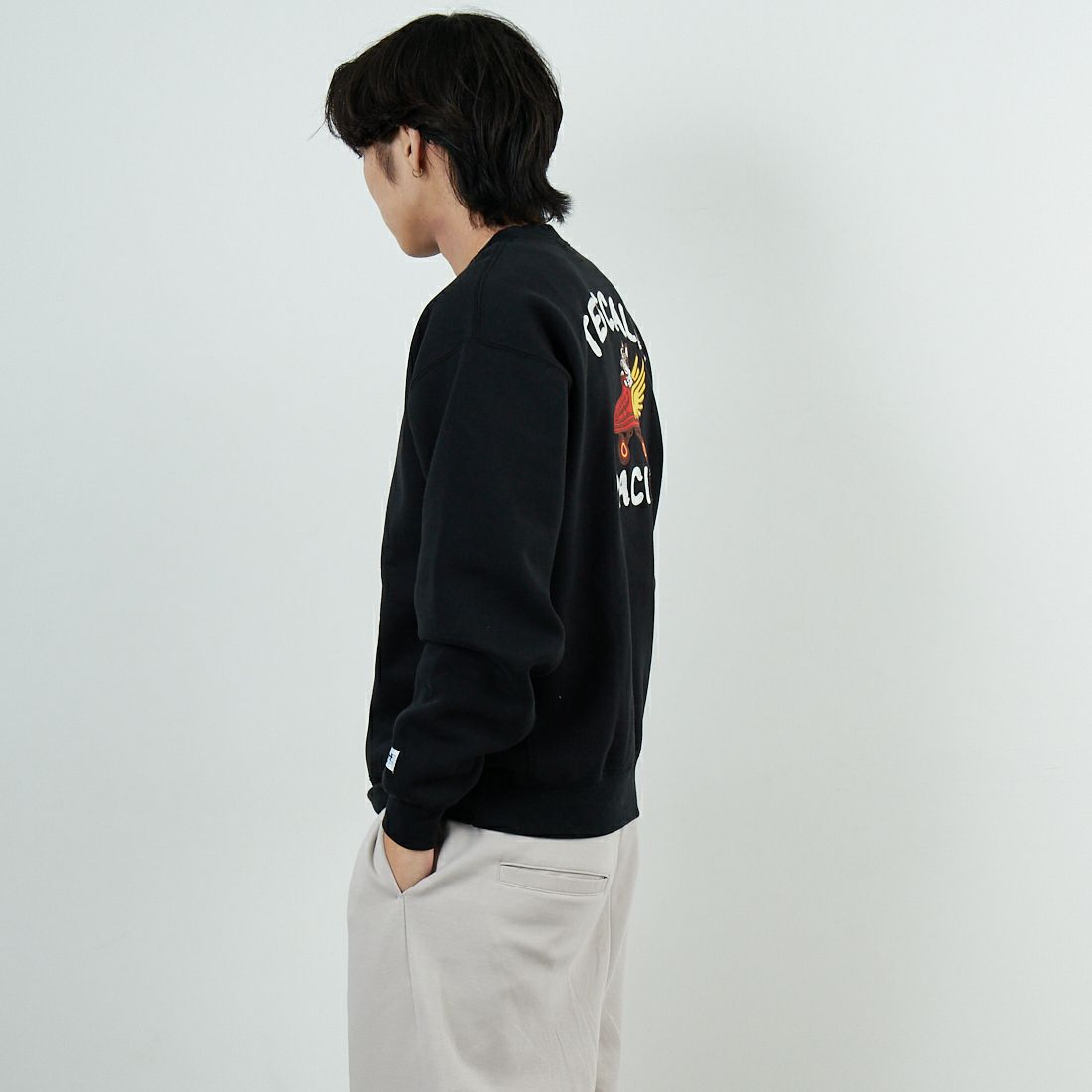 The Endless Summer [エンドレスサマー] 60s ローラーダービーロゴ刺繍 クルーネックスウェット [C-25774302] 01 BLACK &&モデル身長：179cm 着用サイズ：M&&