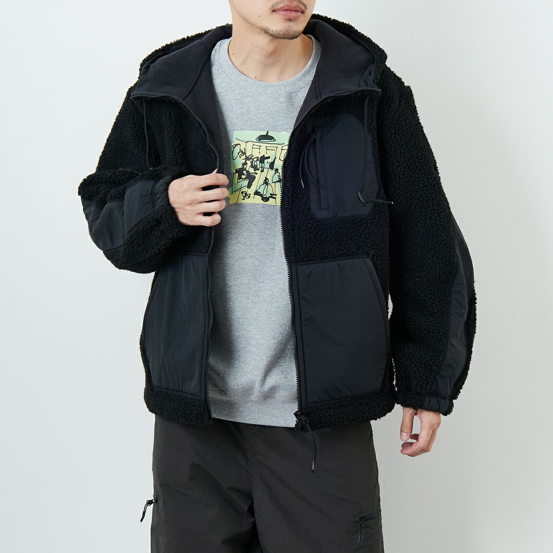 NANGA [ナンガ] ボアフリースフルジップパーカー [N2530-1P117D] BLK &&モデル身長：168cm 着用サイズ：M&&