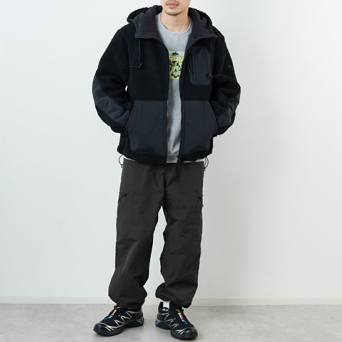 NANGA [ナンガ] ボアフリースフルジップパーカー [N2530-1P117D] BLK &&モデル身長：168cm 着用サイズ：M&&