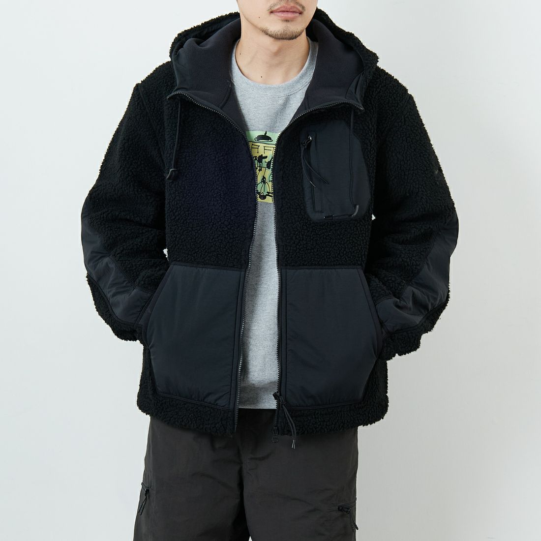 NANGA [ナンガ] ボアフリースフルジップパーカー [N2530-1P117D] BLK &&モデル身長：168cm 着用サイズ：L&&