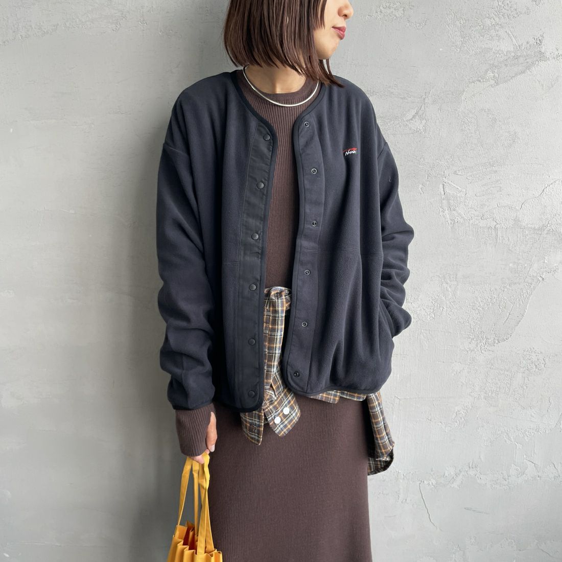 NANGA [ナンガ] エアウォーム フリースカーディガン [N2531-1P113B] BLK &&モデル身長：159cm 着用サイズ：WM&&