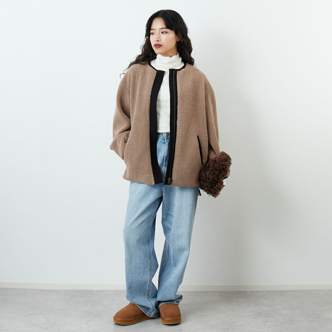 Jeans Factory Clothes [ジーンズファクトリークローズ] サイドファスナー リバーシブルボアジャケット [157216] 16 ﾓｶ &&モデル身長：162cm 着用サイズ：F&&