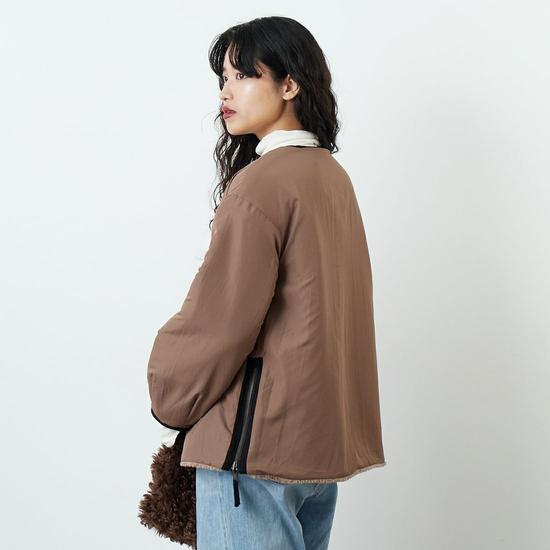 Jeans Factory Clothes [ジーンズファクトリークローズ] サイドファスナー リバーシブルボアジャケット [157216] 16 ﾓｶ &&モデル身長：162cm 着用サイズ：F&&