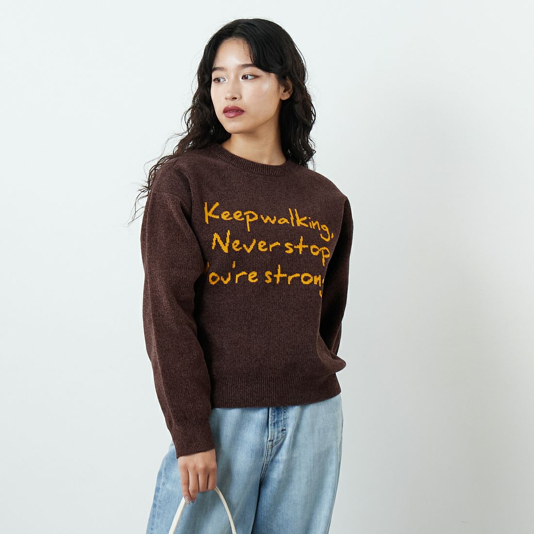 Jf Ready Made [ジェイエフレディメイド] グラフィックモールクルーネックニット [ND-25755017] 32 BROWN &&モデル身長：162cm 着用サイズ：F&&