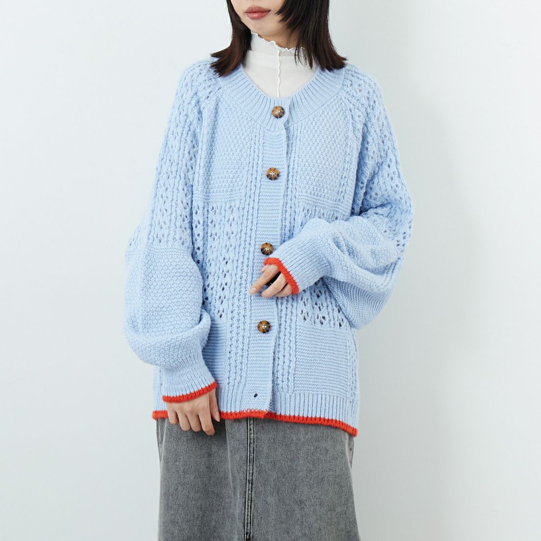 CARA & THE SKY [カラ アンド ザ スカイ] BRIGIT バルーンスリーブカーディガン [BRIGIT] 02 BLUE &&モデル身長：162cm 着用サイズ：M&&